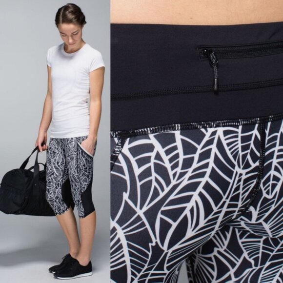 Lululemon Run A Marathon Leggings Crop Black Print Size 4 High Rise Yoga Pants - Picture 2 of 13